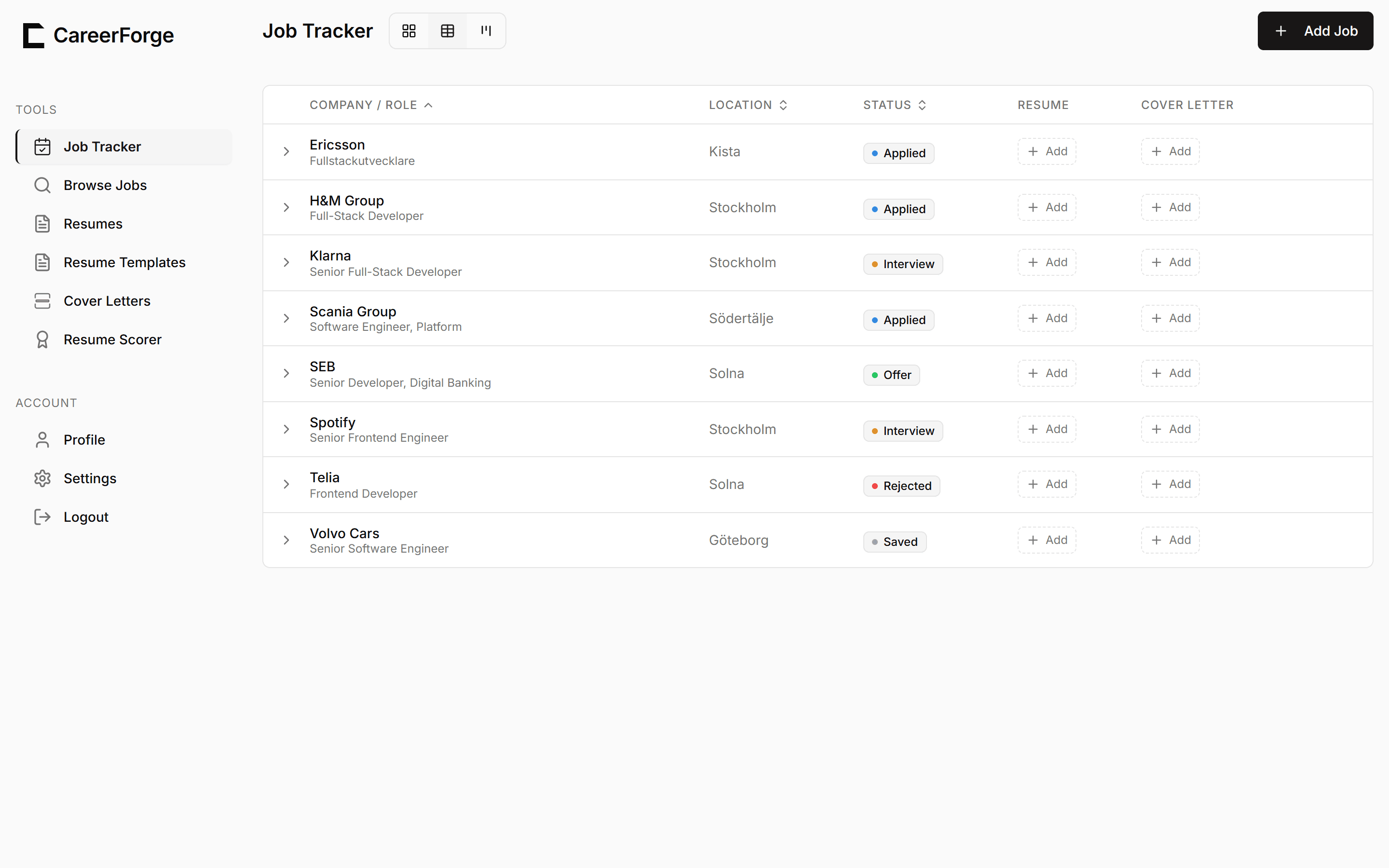 The CareerForge dashboard showing tailored resumes and tracked job applications